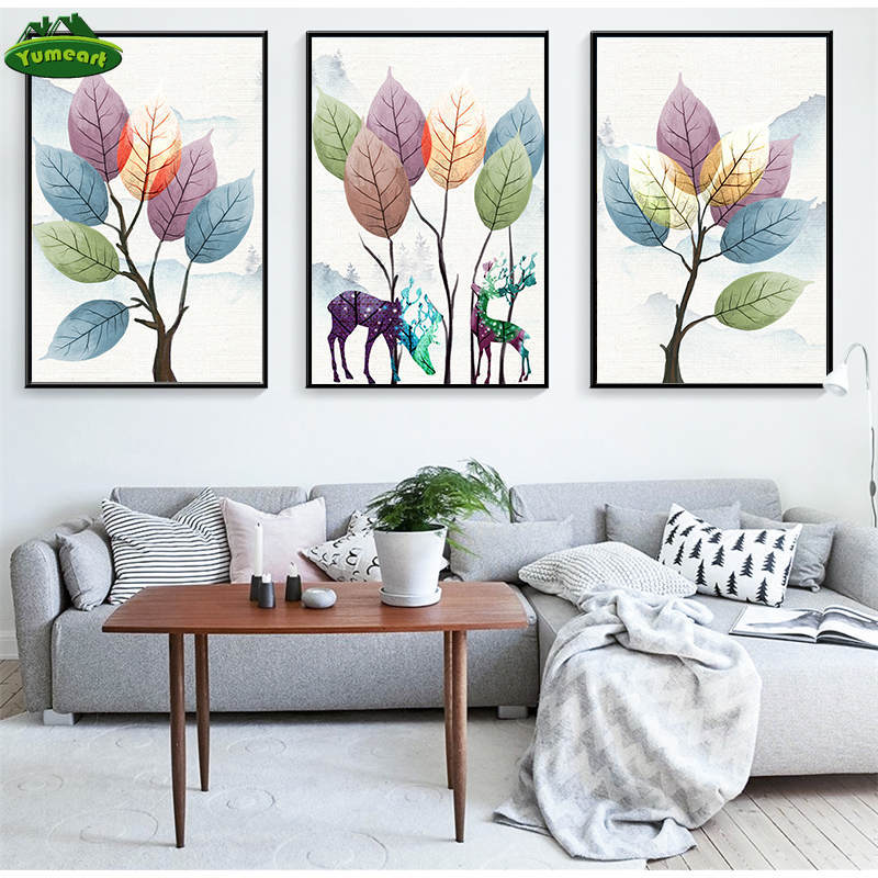Pinturas en lienzo de ciervos y hojas coloridas, póster impreso de