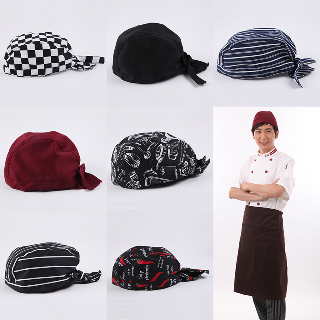 EY_ CG_ Chef Hat Cooking Head Wrap Kitchen Catering Skull Cap Ribbon Turban Pro 