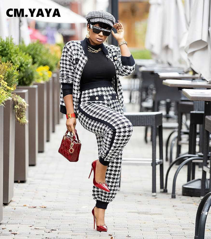 CM.YAYA Houndstooth Patchwork Two 2 Piece Set for Women Vintage