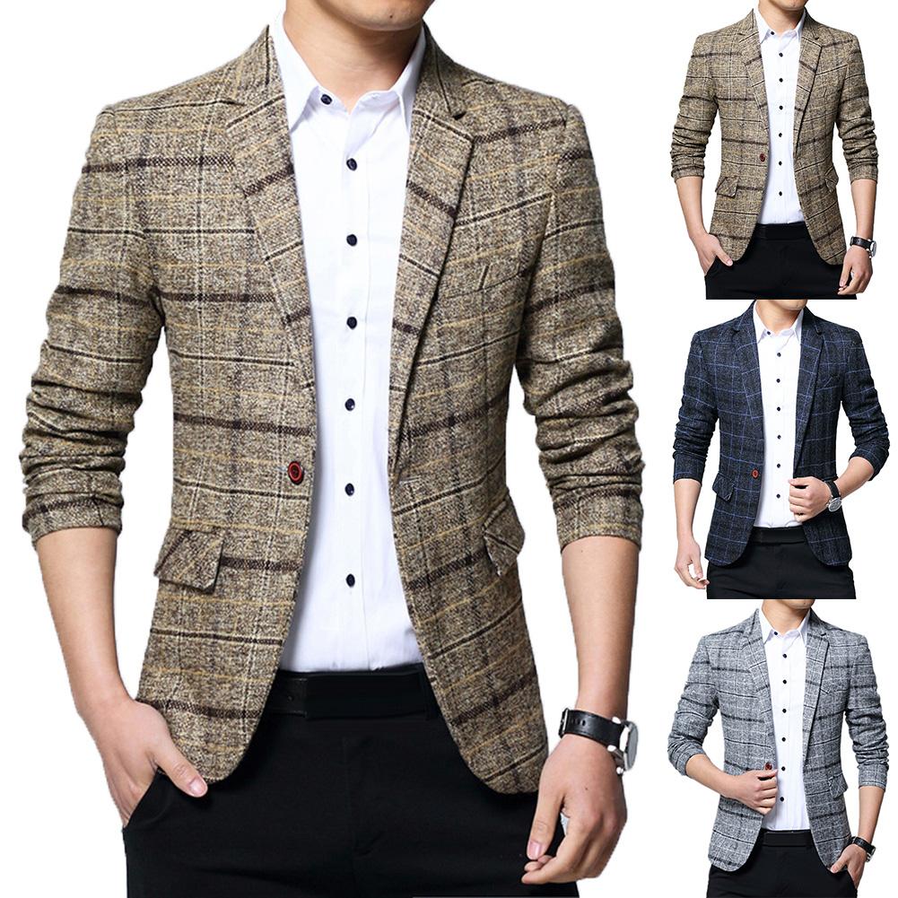 Alion Mens Casual Blazer Slim Fit One Button Suit Jacket Business Plaid Coat
