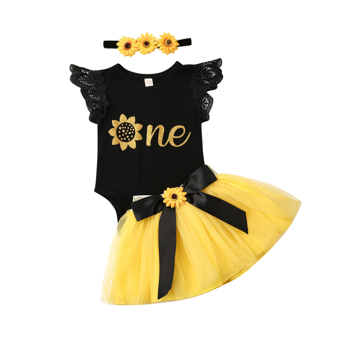3Pcs Infant Baby Girl Birthday Outfit Floral Print One Romper Bodysuit Tops+Tutu Skirt Dress+Headband Clothing Sets