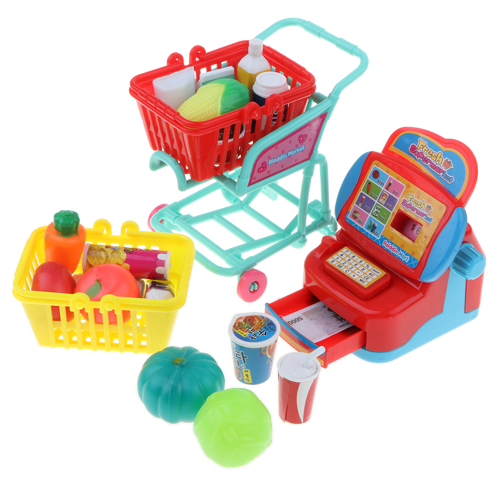 toy supermarket set with shopping trolley