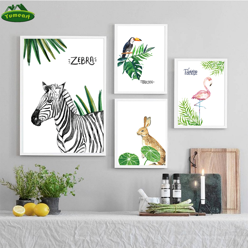 Conejo cebra Flamingo Tucán de lona de arte bebé Animal dibujo Kawaii