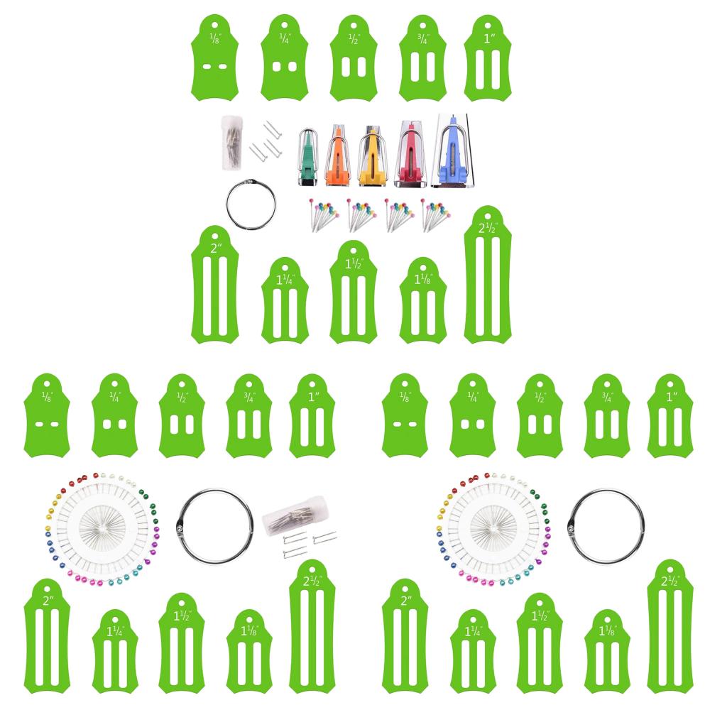 Green 10Pcs Jelly Roll Sasher Tool Set Multi-Sizes Sasher for Folding Fabric and Biasing Strips Come with 40Pcs Multi-Color Quilting Pins 20Pcs Sewing Clips and 1Pcs Storage Chain