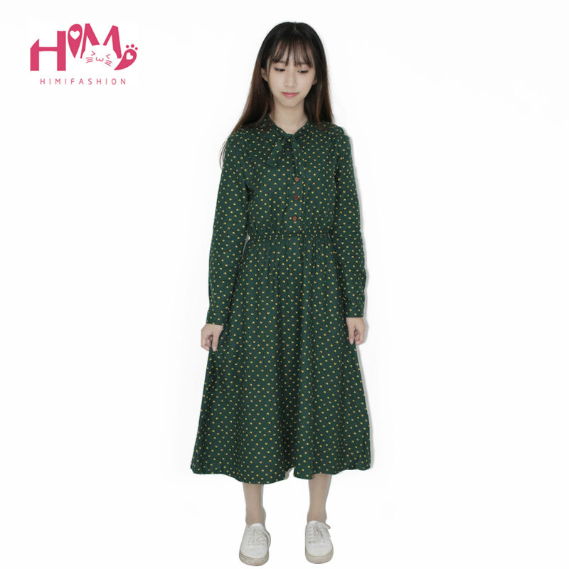 Cute Green Floral Dress Vintage Ladies Dresses Bohemian Style Autumn Winter Long Sleeves All Match New Fashion Long Sleeve Dress 2