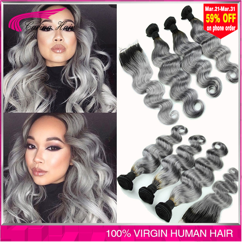 Image of Brazilian body wave grey hair weave 3pcs with closure silver grey ombre hair extensions with closure 1b/grey human hair