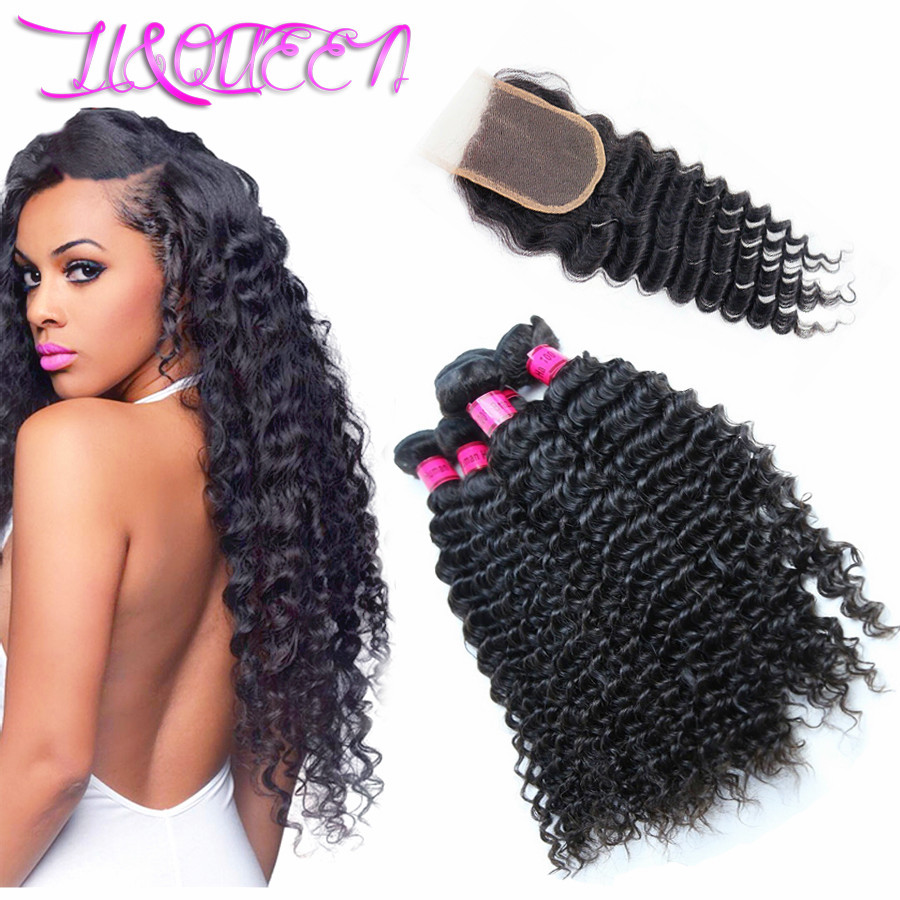 Image of Brazilian virgin hair Deep Wave with closure Queen Hair Products human Hair With Closure Brazilian 3 Bundles With Lace Closure