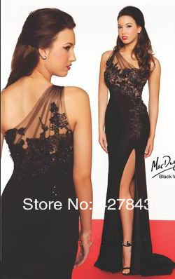 3-Sexy One Shoulder Black Chiffon Lace High Side Slit Long Red Carpet Celebrity Gown Special Occasion Evening Dress