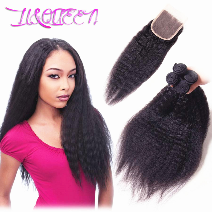 Image of Brazilian Virgin Hair With Closure Kinky Straight Hair With Closure 4 Bundles With Closure Human Hair Weave With Closure