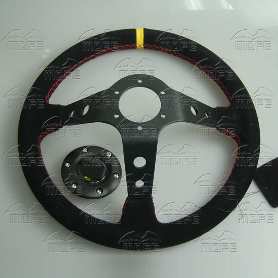 350mm Aluminum 3 Black Spokes Suede Deep Dish OMP Steering Wheel Red Stitch DSC_1003