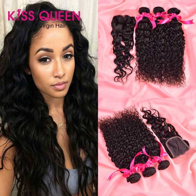 Image of Brazilian Virgin Hair With Closure 3 Bundles Wet And Wavy Virgin Brazilian Hair With Closure Human Hair With Closure No Tangle