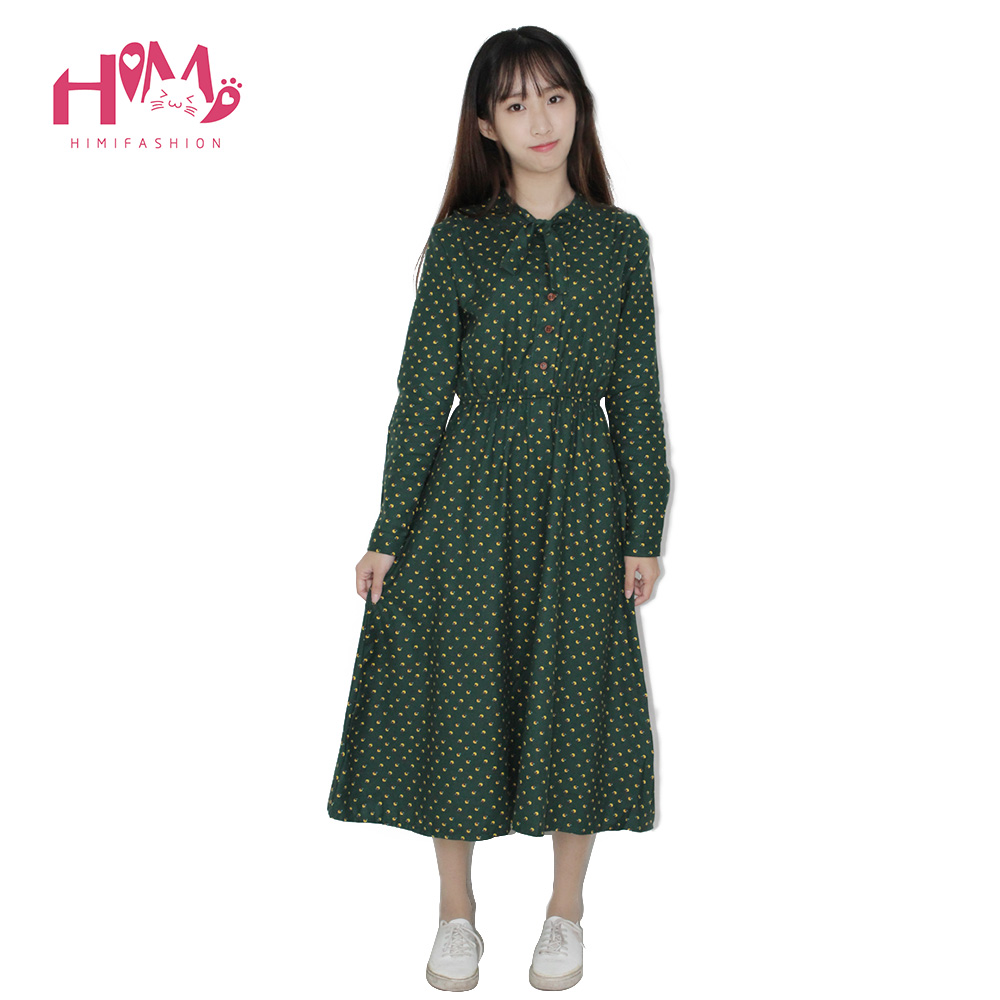 Cute Green Floral Dress Vintage Ladies Dresses Bohemian Style Autumn Winter Long Sleeves All Match New Fashion Long Sleeve Dress 1
